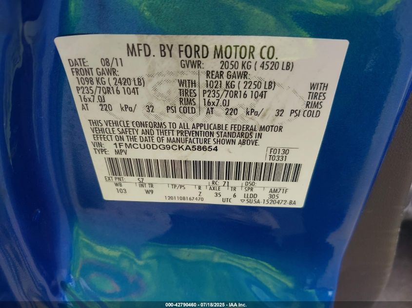 2012 Ford Escape Xlt VIN: 1FMCU0DG9CKA58654 Lot: 42790460