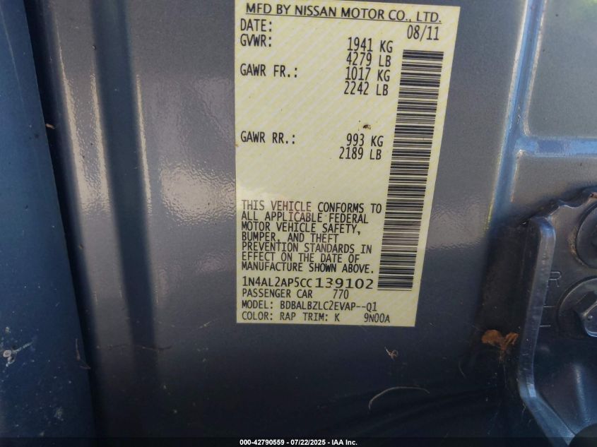 2012 Nissan Altima 2.5 S VIN: 1N4AL2AP5CC139102 Lot: 42790559