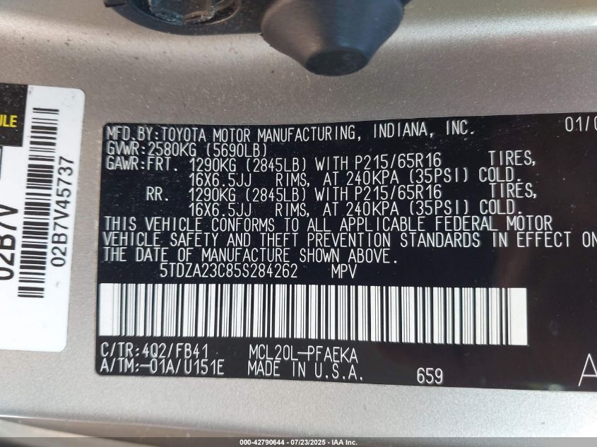 2005 Toyota Sienna Le VIN: 5TDZA23C85S284262 Lot: 42790644