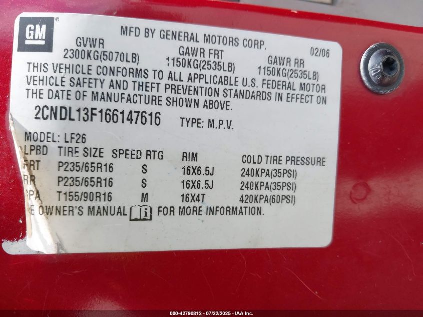 2006 Chevrolet Equinox Ls VIN: 2CNDL13F166147616 Lot: 42790812