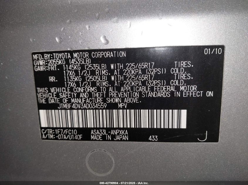 2010 Toyota Rav4 VIN: JTMBF4DV3AD034559 Lot: 42790904