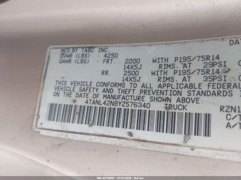 2000 Toyota Tacoma VIN: 4TANL42N8YZ576340 Lot: 42790991