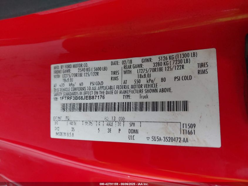 2018 Ford F-350 Xlt VIN: 1FTRF3B68JEB87176 Lot: 42791159