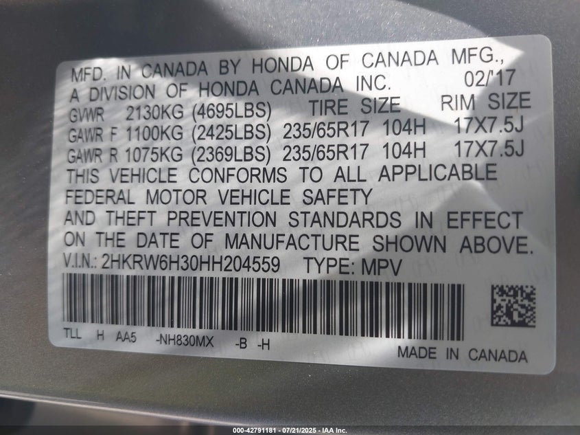 2017 HONDA CR-V LX - 2HKRW6H30HH204559