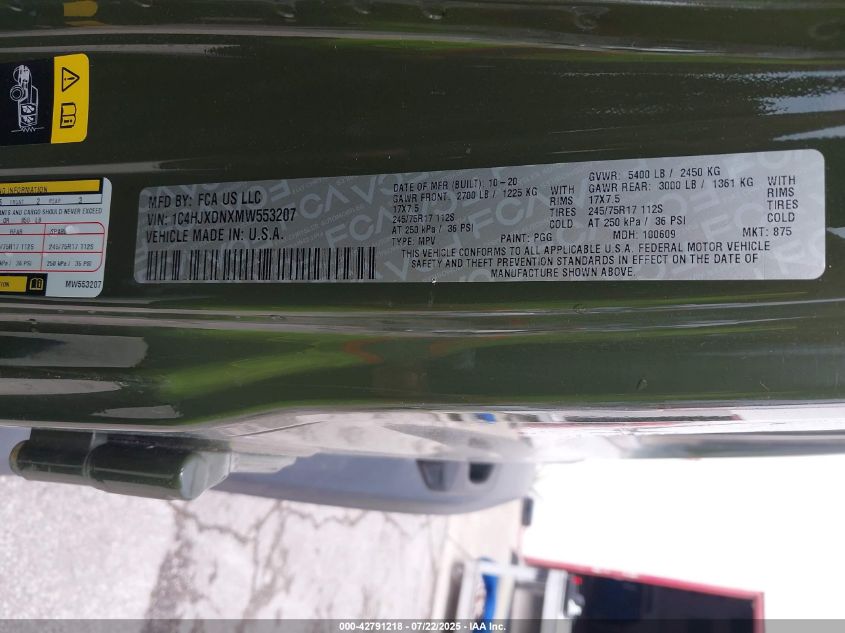 2021 Jeep Wrangler Unlimited Sport 4X4 VIN: 1C4HJXDNXMW553207 Lot: 42791218