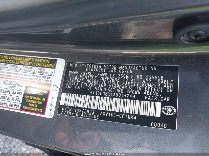 2010 Toyota Camry Le VIN: 4T1BF3EK4AU014749 Lot: 42791219