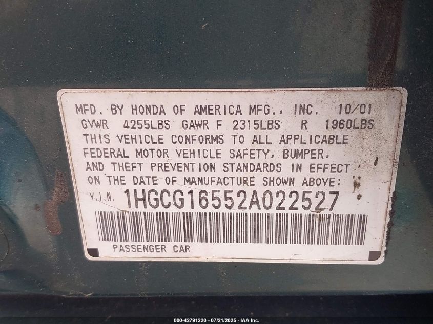 2002 Honda Accord 3.0 Ex VIN: 1HGCG16552A022527 Lot: 42791220