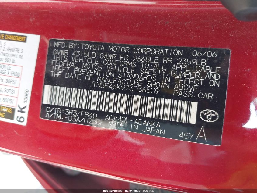 2007 Toyota Camry Le VIN: JTNBE46K973036509 Lot: 42791229