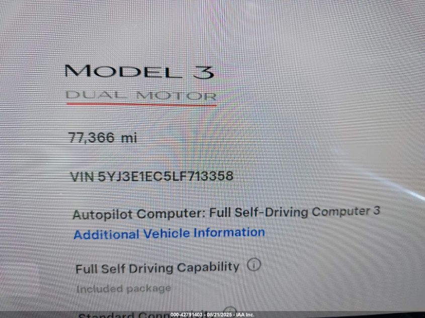 2020 Tesla Model 3 Performance Dual Motor All-Wheel Drive VIN: 5YJ3E1EC5LF713358 Lot: 42791403