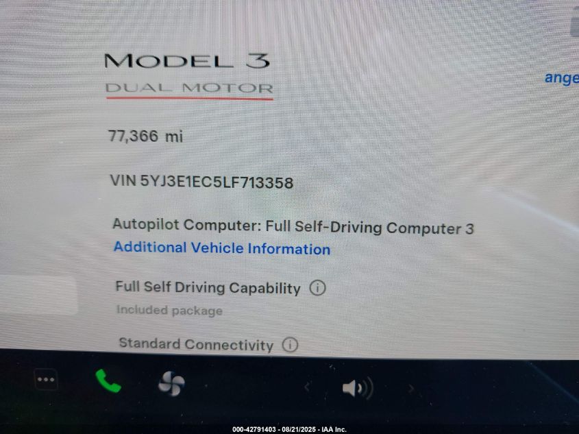 2020 Tesla Model 3 Performance Dual Motor All-Wheel Drive VIN: 5YJ3E1EC5LF713358 Lot: 42791403