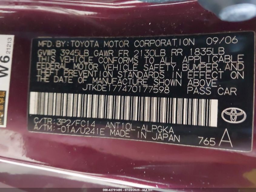 2007 Scion Tc VIN: JTKDE177470177598 Lot: 42791495