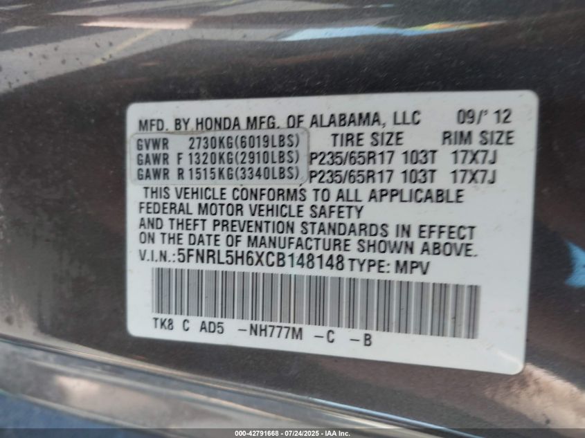 2012 Honda Odyssey Ex-L VIN: 5FNRL5H6XCB148148 Lot: 42791668