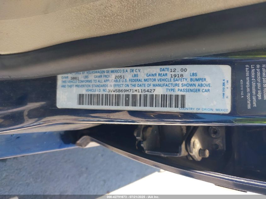 2001 Volkswagen Jetta Gls VIN: 3VWSB69M71M115427 Lot: 42791673