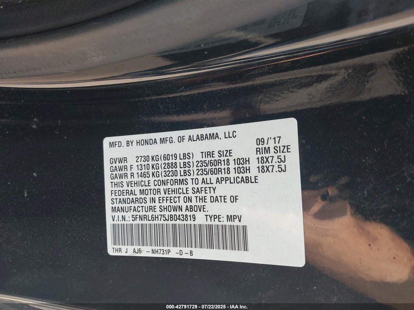 2018 Honda Odyssey Ex-L VIN: 5FNRL6H75JB043819 Lot: 42791729