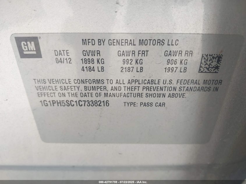 2012 Chevrolet Cruze Ltz VIN: 1G1PH5SC1C7338216 Lot: 42791759