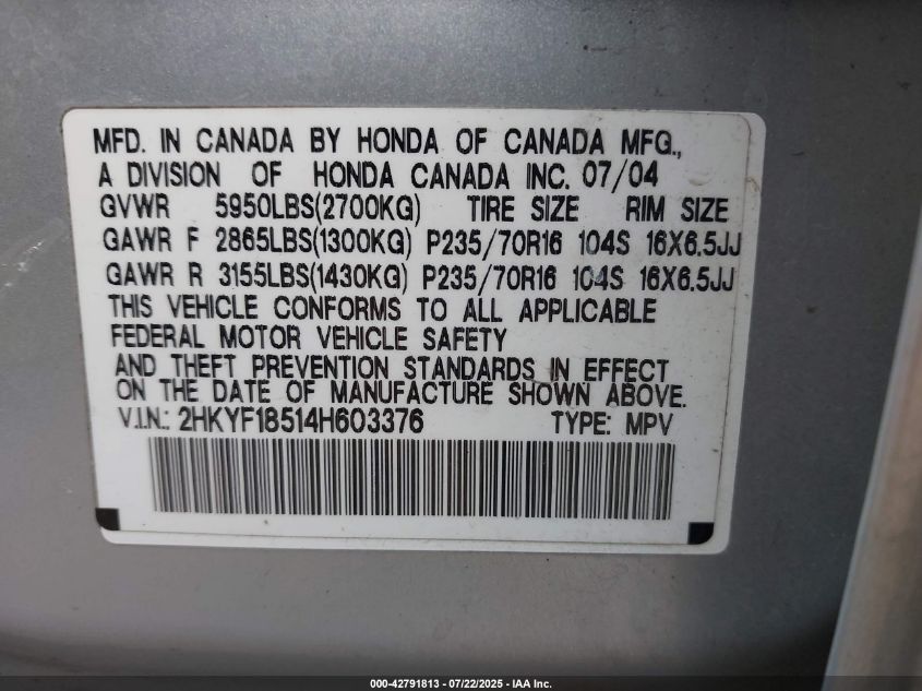 2004 Honda Pilot Ex-L VIN: 2HKYF18514H603376 Lot: 42791813