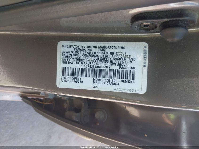 2003 Toyota Corolla Ce VIN: 2T1BR32E13C065992 Lot: 42791830