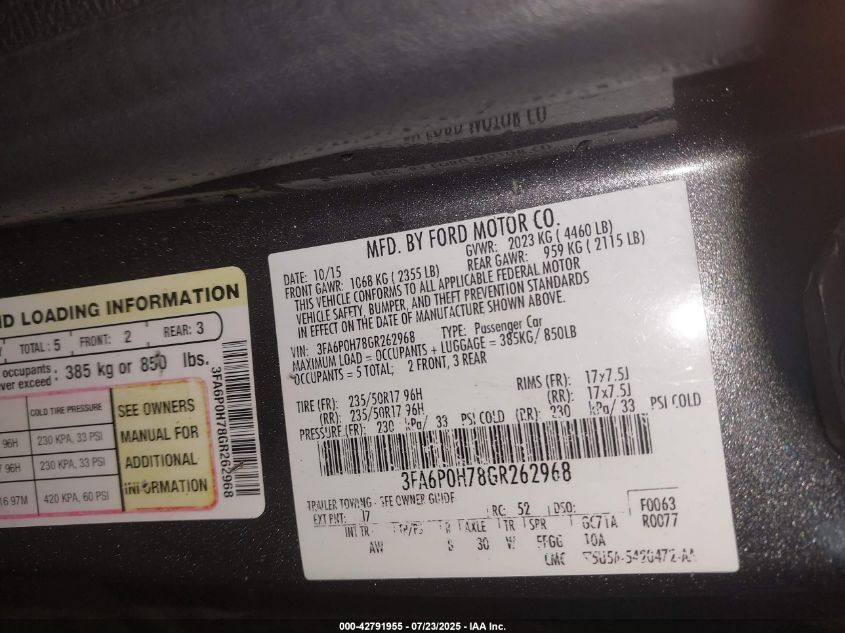 2016 Ford Fusion Se VIN: 3FA6P0H78GR262968 Lot: 42791955