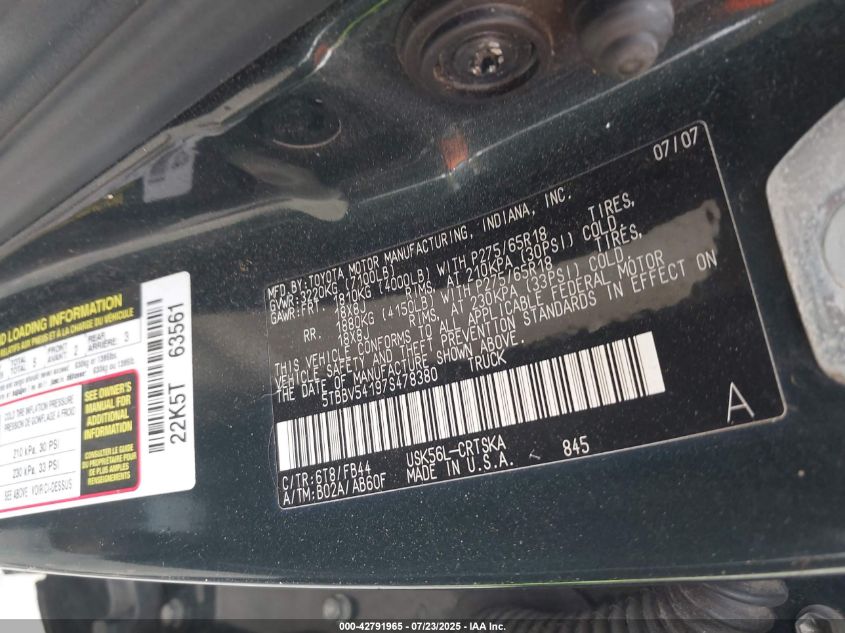 2007 Toyota Tundra Sr5 5.7L V8 VIN: 5TBBV54197S478380 Lot: 42791965