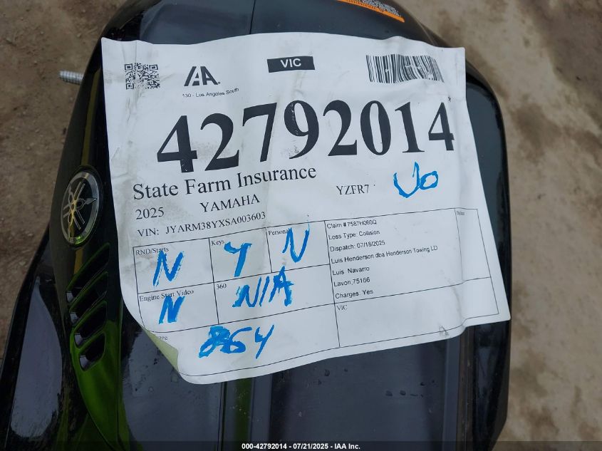2025 Yamaha Yzfr7 VIN: JYARM38YXSA003603 Lot: 42792014