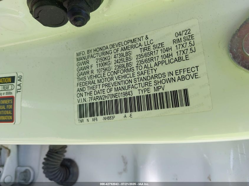 2022 Honda Cr-V Awd Special Edition VIN: 7FARW2H70NE019843 Lot: 42792043