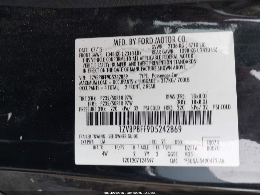 2013 Ford Mustang Gt Premium VIN: 1ZVBP8FF9D5242869 Lot: 42792096