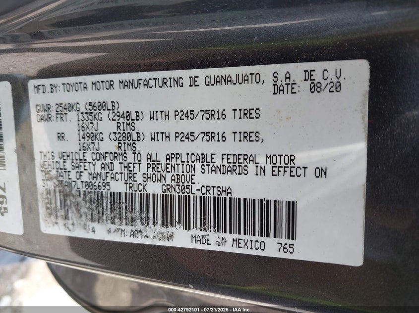 VIN 3TYSZ5AN7LT006695 2020 TOYOTA TACOMA SR V6
