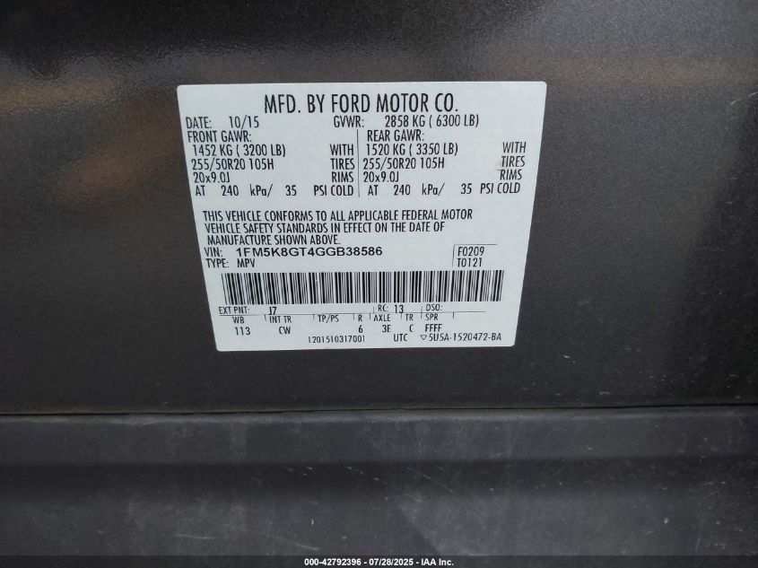 2016 Ford Explorer Sport VIN: 1FM5K8GT4GGB38586 Lot: 42792396