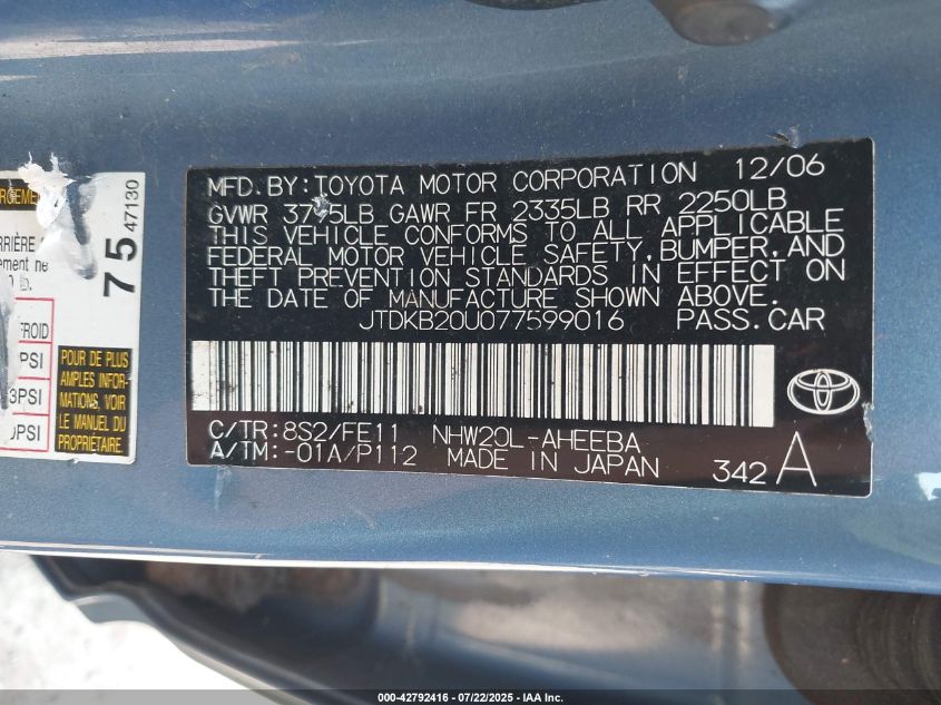 2007 Toyota Prius VIN: JTDKB20U077599016 Lot: 42792416
