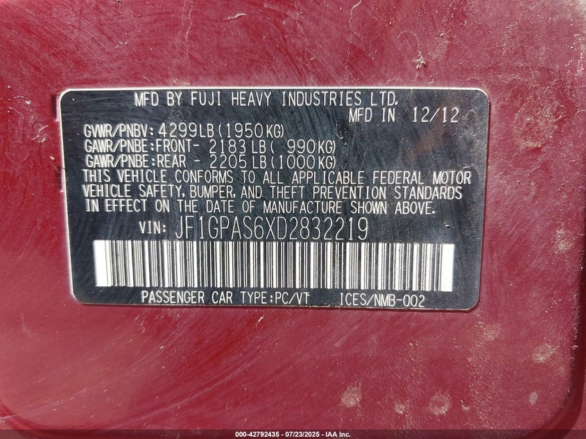 2013 SUBARU IMPREZA 2.0I SPORT LIMITED - JF1GPAS6XD2832219