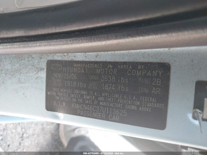 2007 Hyundai Accent Gls VIN: KMHCN46C37U113625 Lot: 42792450
