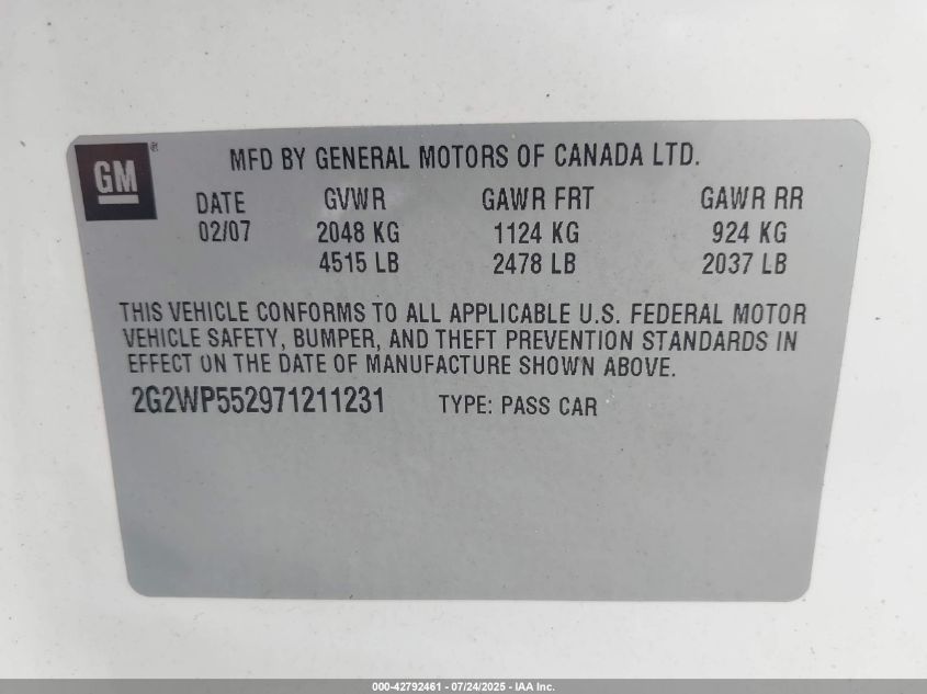 2007 Pontiac Grand Prix VIN: 2G2WP552971211231 Lot: 42792461