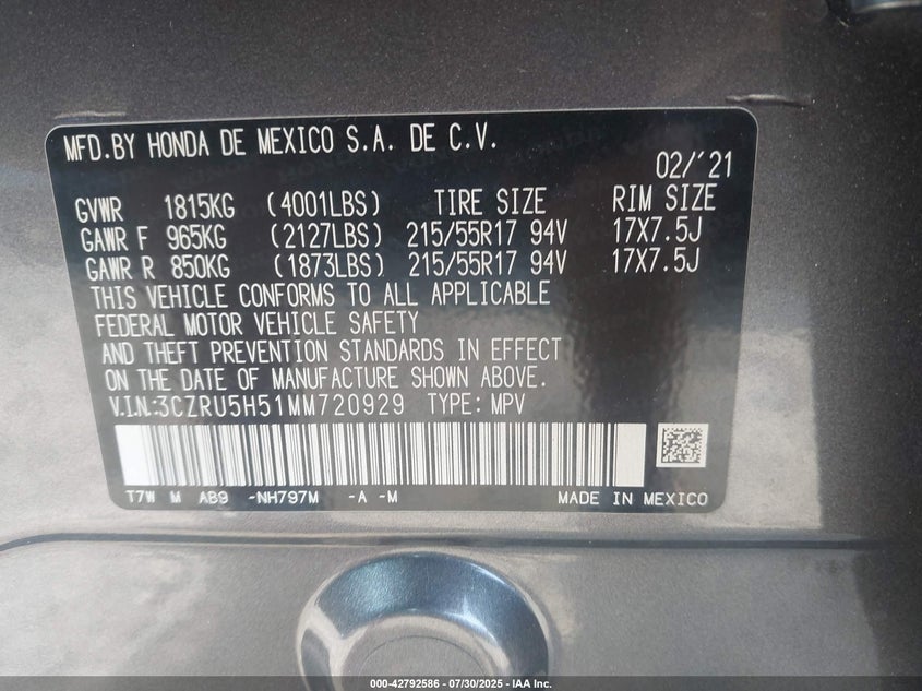 2021 HONDA HR-V 2WD EX 3CZRU5H51MM720929