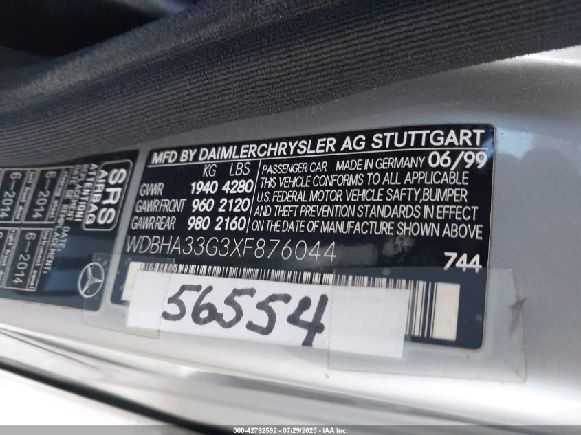 1999 Mercedes-Benz C 43 VIN: WDBHA33G3XF876044 Lot: 42792592