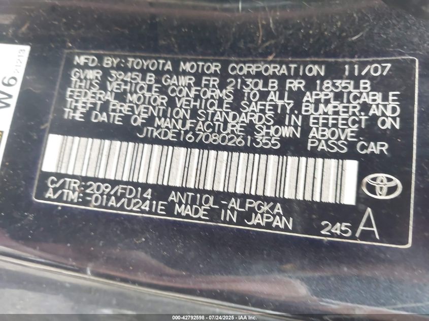 2008 Scion Tc VIN: JTKDE167080261355 Lot: 42792598