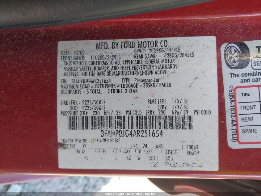 2010 Ford Fusion Sel VIN: 3FAHP0JG4AR251654 Lot: 42792661