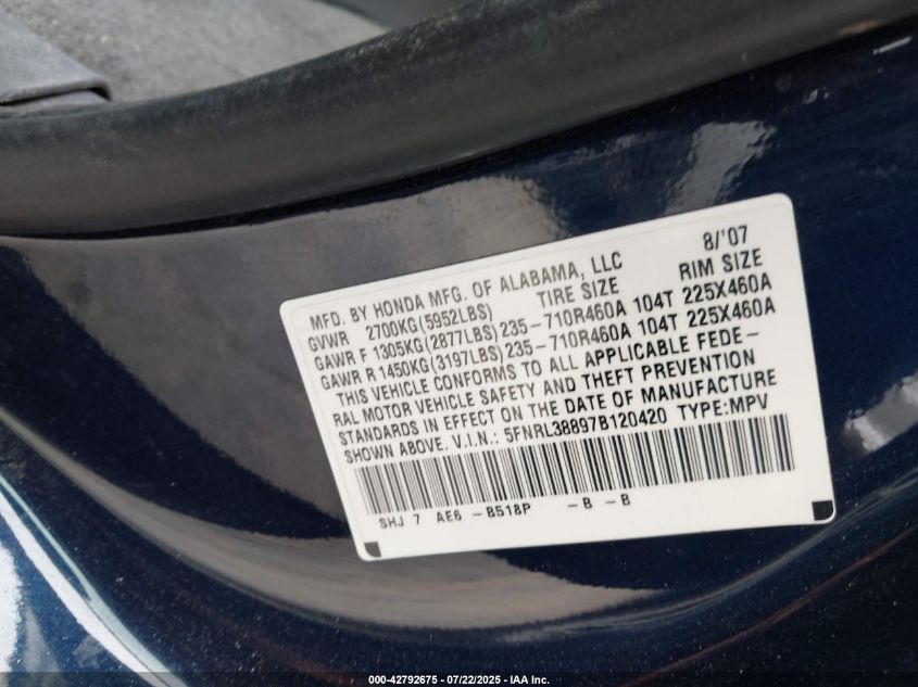 2007 Honda Odyssey Touring VIN: 5FNRL38897B120420 Lot: 42792675