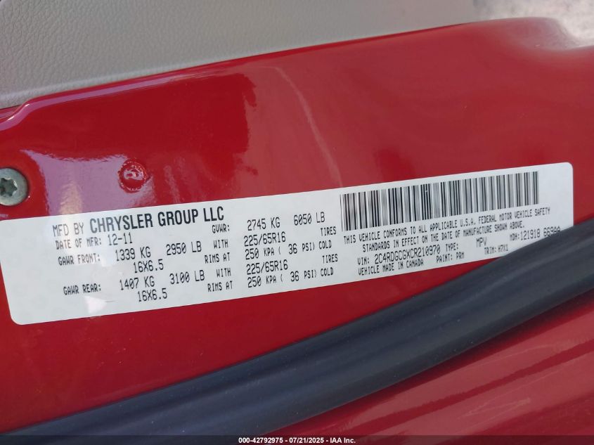 2012 Dodge Grand Caravan Sxt VIN: 2C4RDGCGXCR210970 Lot: 42792975