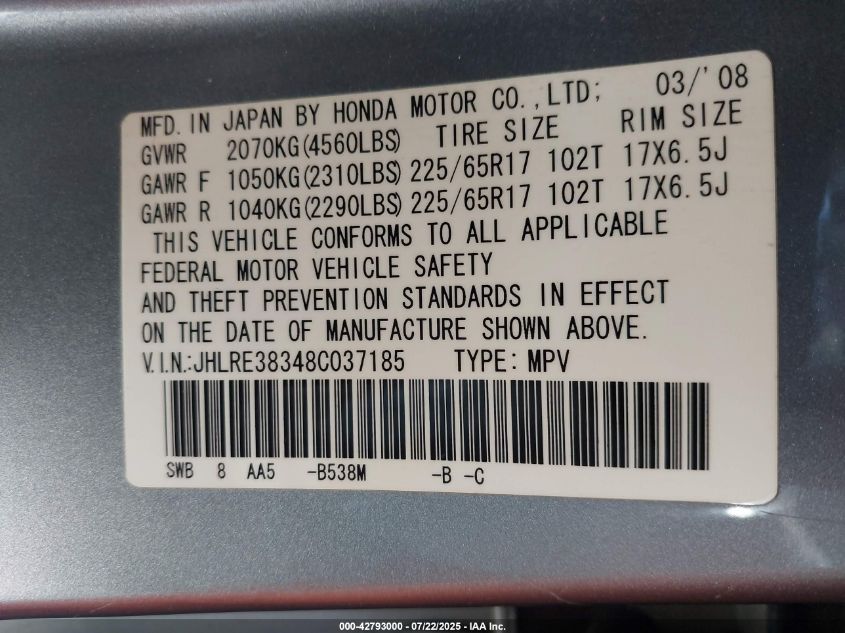 2008 Honda Cr-V Lx VIN: JHLRE38348C037185 Lot: 42793000