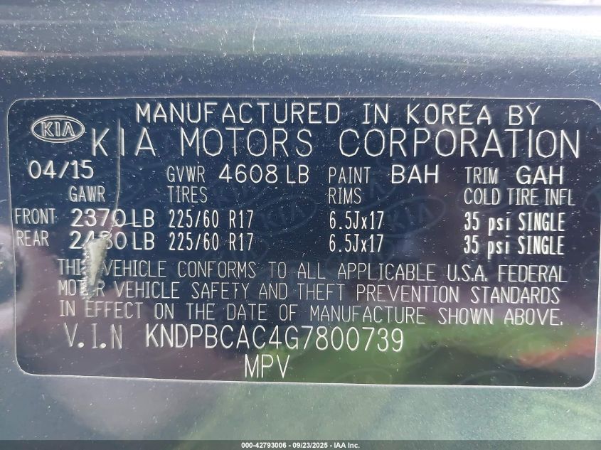 2016 Kia Sportage Lx VIN: KNDPBCAC4G7800739 Lot: 42793006