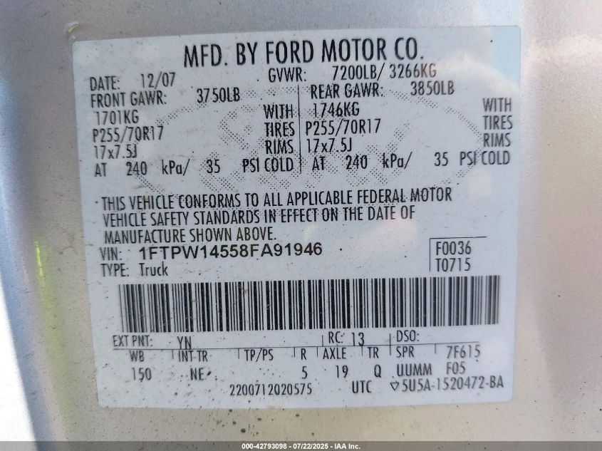 2008 Ford F-150 60Th Anniversary/Fx4/King Ranch/Lariat/Limited/Xlt VIN: 1FTPW14558FA91946 Lot: 42793098