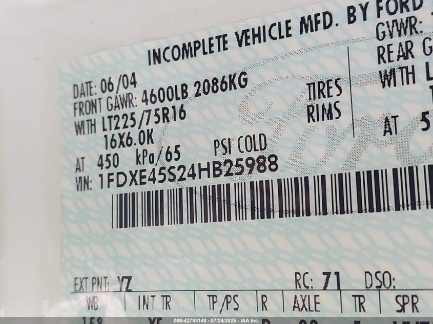 2004 Ford E-450 Cutaway Standard VIN: 1FDXE45S24HB25988 Lot: 42793140