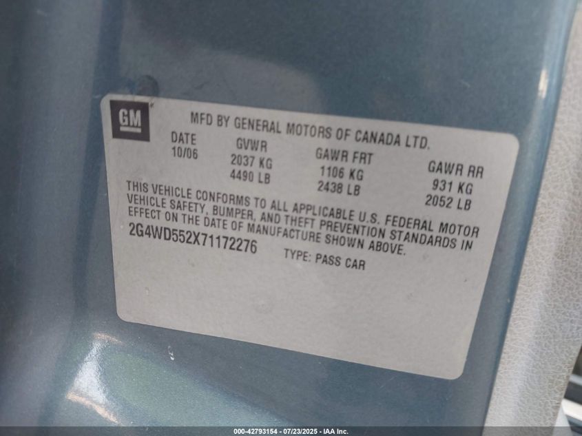 2007 Buick Lacrosse Cxl VIN: 2G4WD552X71172276 Lot: 42793154