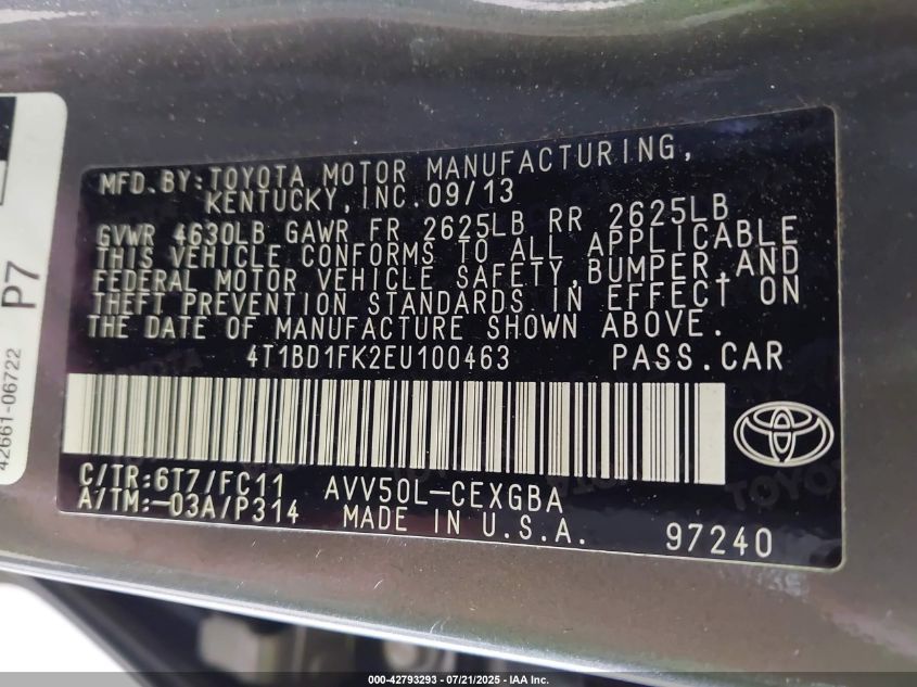 2014 TOYOTA CAMRY HYBRID XLE - 4T1BD1FK2EU100463