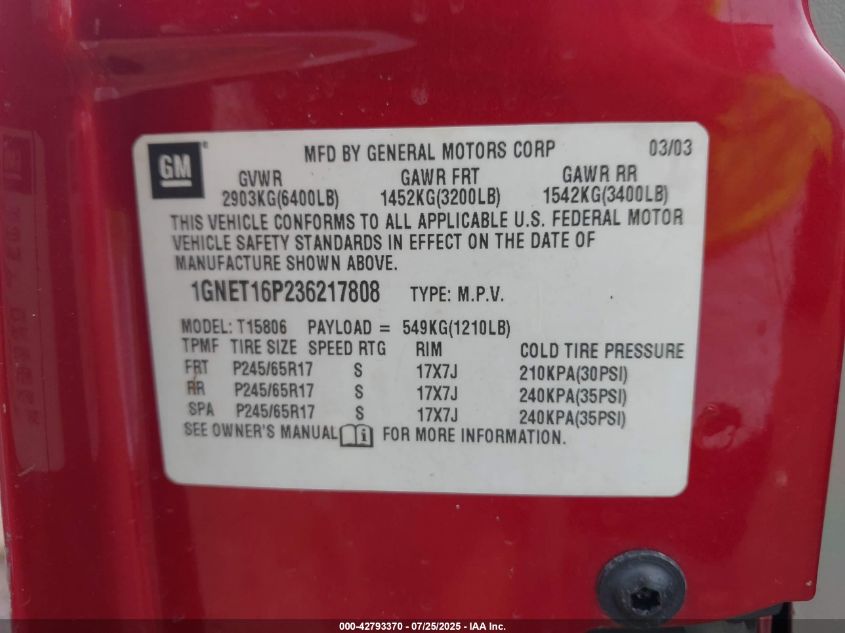 2003 Chevrolet Trailblazer Ext Lt VIN: 1GNET16P236217808 Lot: 42793370