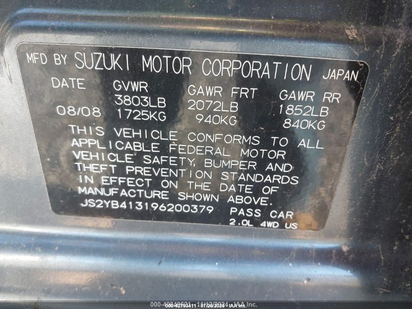 2009 Suzuki Sx4 Technology VIN: JS2YB413196200379 Lot: 42793411