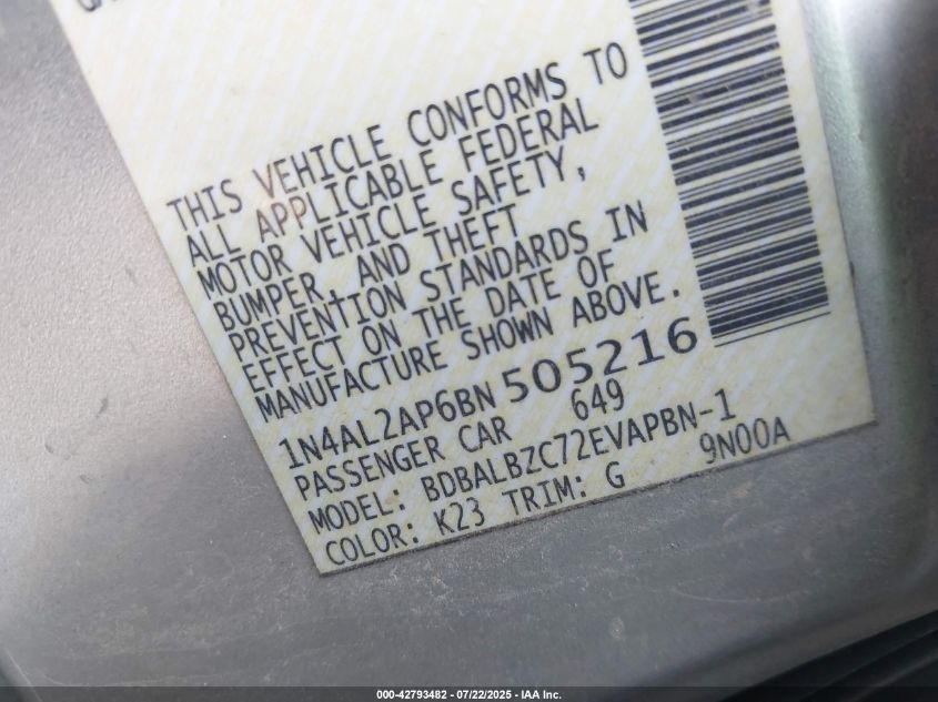 2011 Nissan Altima 2.5 S VIN: 1N4AL2AP6BN505216 Lot: 42793482