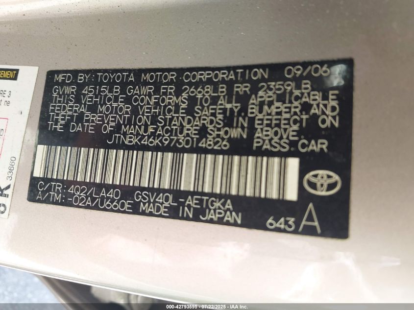 2007 Toyota Camry Xle V6 VIN: JTNBK46K973014826 Lot: 42793595