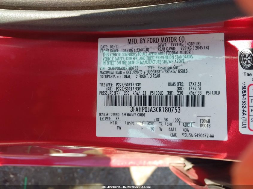 2012 Ford Fusion Sel VIN: 3FAHP0JA3CR180753 Lot: 42793615