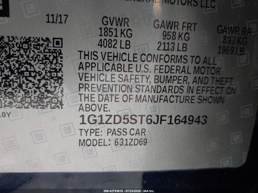 2018 Chevrolet Malibu Lt VIN: 1G1ZD5ST6JF164943 Lot: 42793618